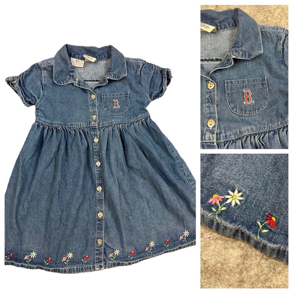 RARE Vintage Carter's MLB Boston Red Sox Denim Shirt Dress Girls Size 6
